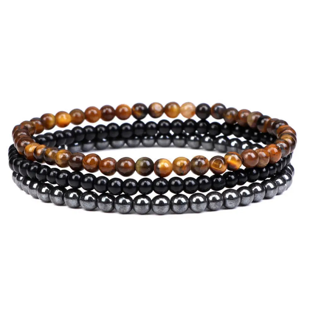 Buddha Stones 3Pcs Natural Crystal Stone Inner Peace Spiritual Bracelet - BWOOOH - 4mm Tiger Eye&amp;Black Glass