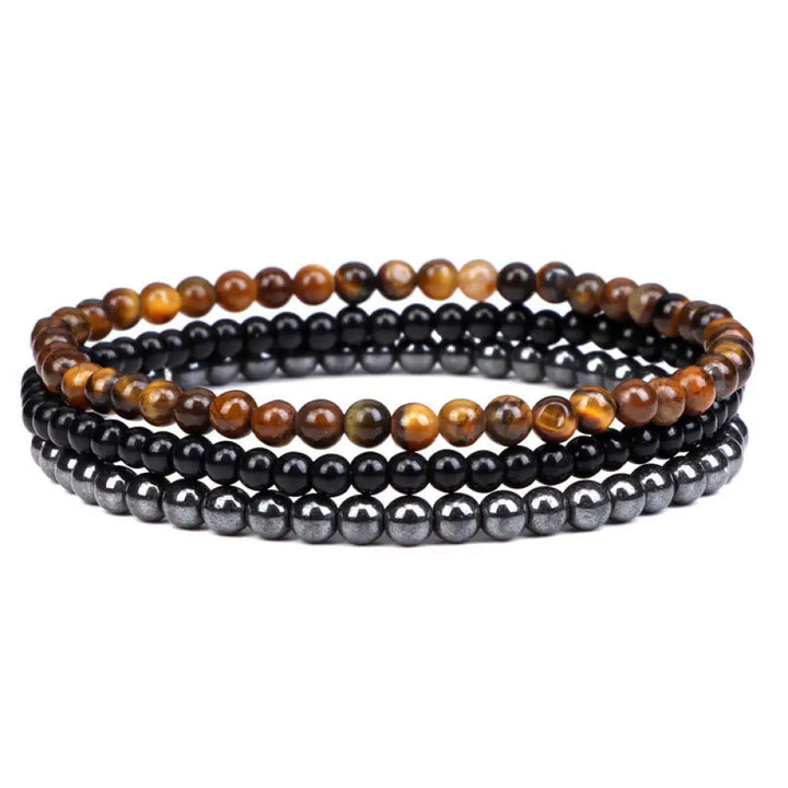 Buddha Stones 3Pcs Natural Crystal Stone Inner Peace Spiritual Bracelet - BWOOOH - 4mm Tiger Eye&amp;Black Glass