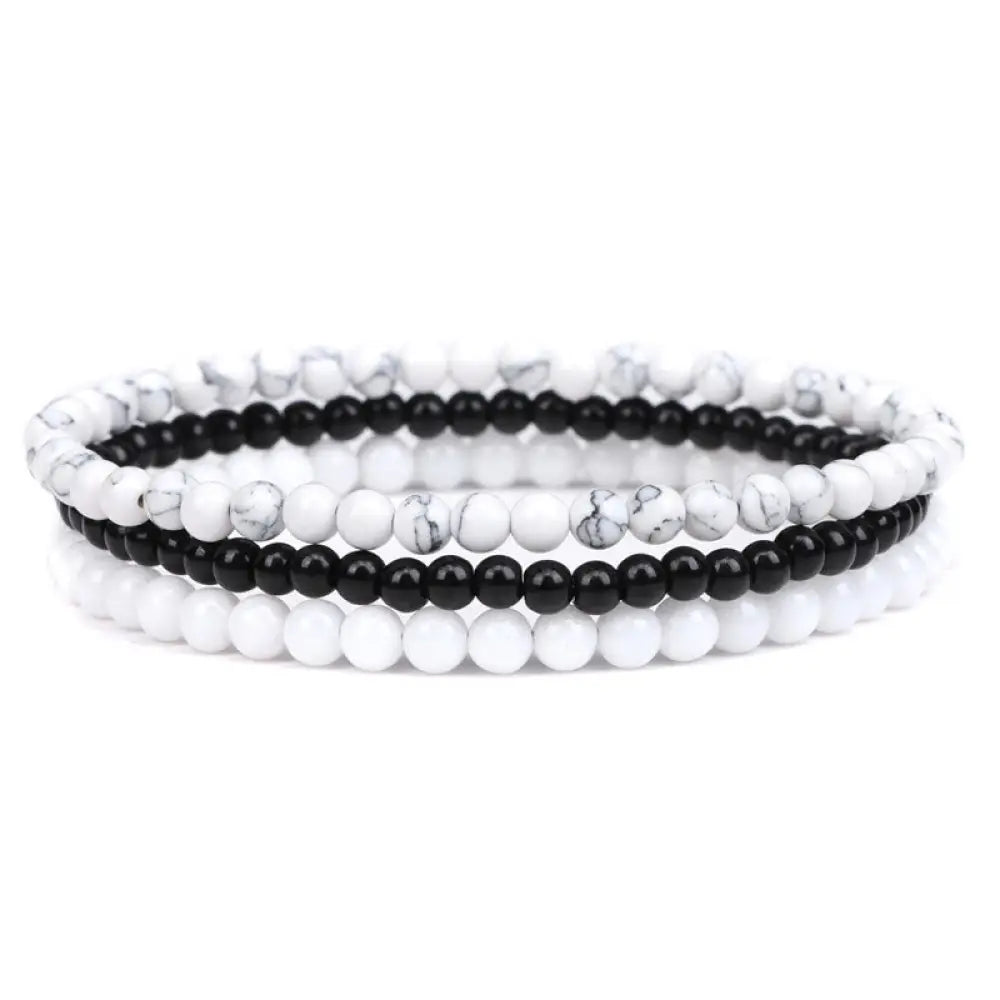 Buddha Stones 3Pcs Natural Crystal Stone Inner Peace Spiritual Bracelet - BWOOOH - 4mm White Turquoise&amp;Black Glass