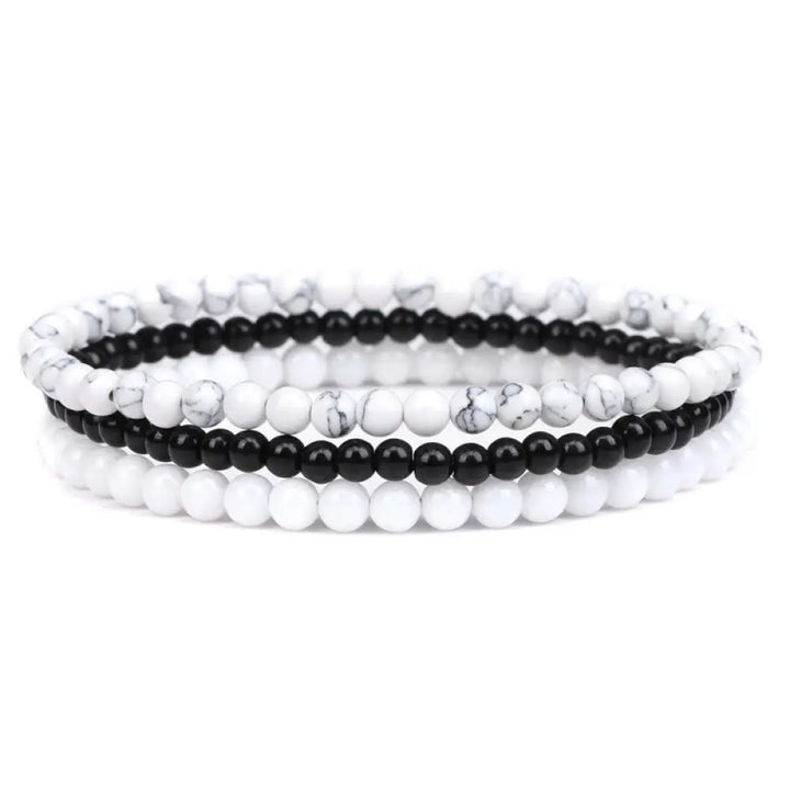 Buddha Stones 3Pcs Natural Crystal Stone Inner Peace Spiritual Bracelet - BWOOOH - 4mm White Turquoise&amp;Black Glass