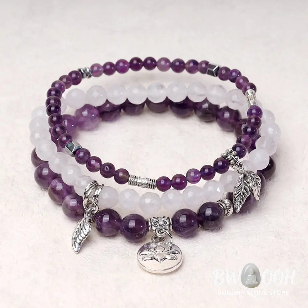 Buddha Stones 3PCS Natural Quartz Crystal Beaded Healing Energy Lotus Bracelet - BWOOOH - Bracelet
