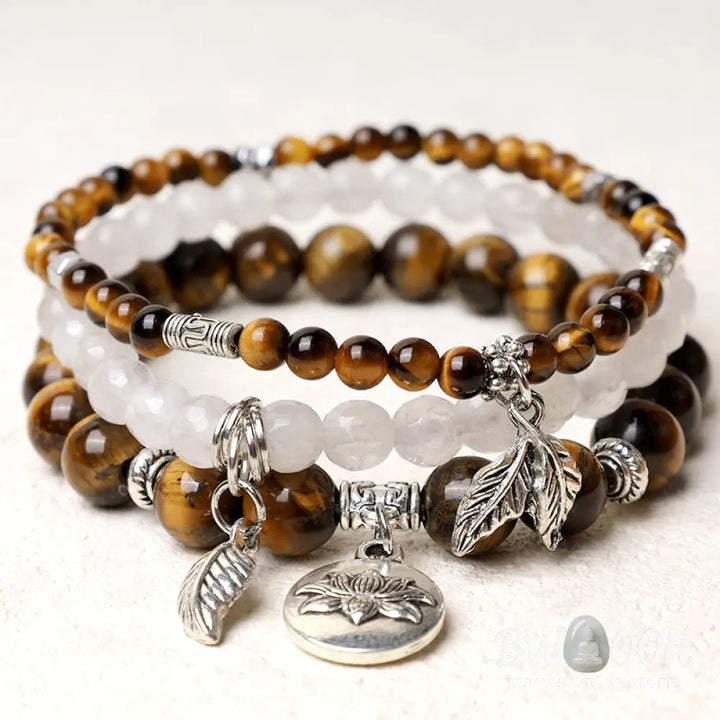 Buddha Stones 3PCS Natural Quartz Crystal Beaded Healing Energy Lotus Bracelet - BWOOOH - Bracelet