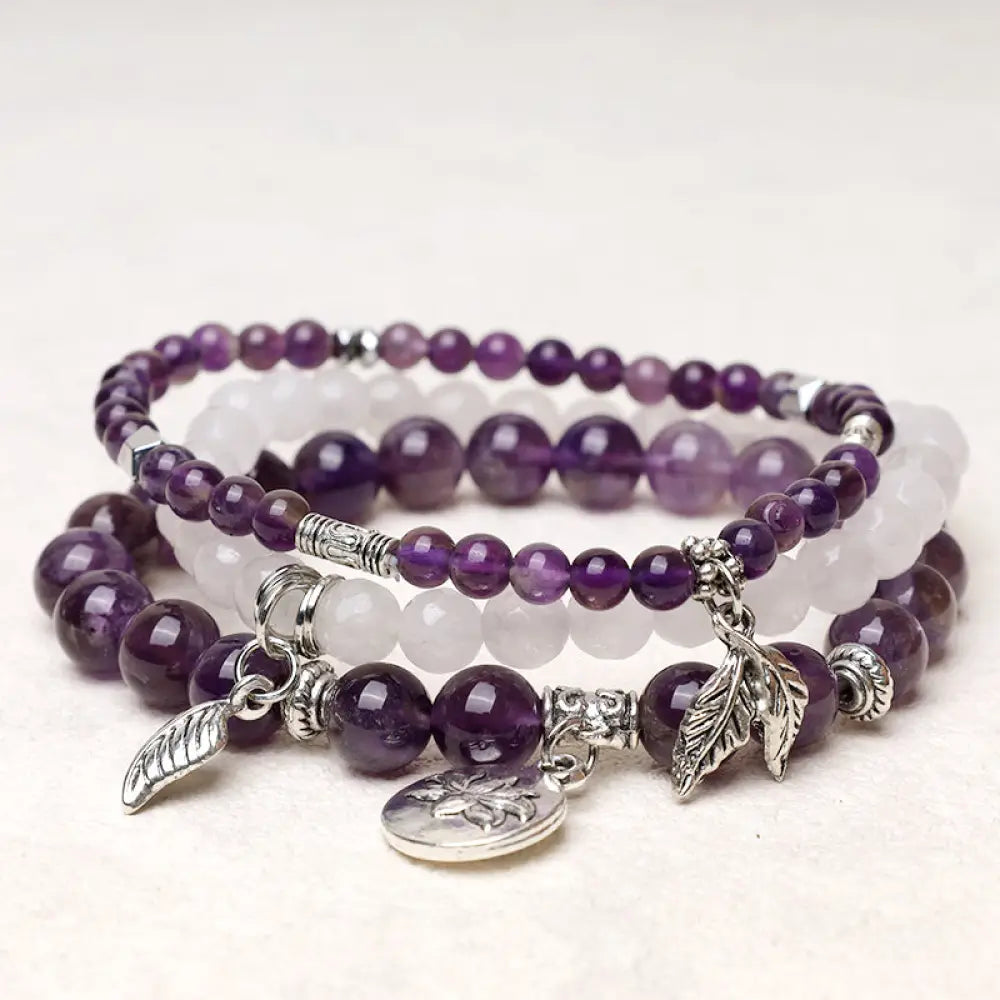 Buddha Stones 3PCS Natural Quartz Crystal Beaded Healing Energy Lotus Bracelet - BWOOOH - Amethyst - Bracelet