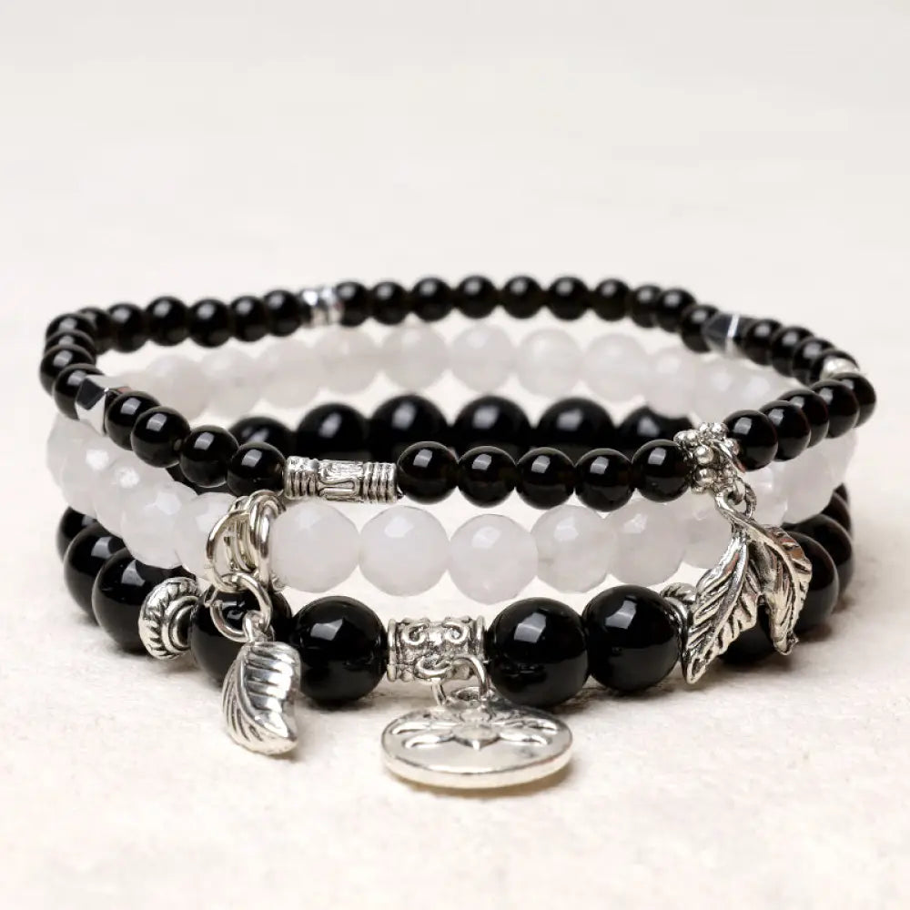 Buddha Stones 3PCS Natural Quartz Crystal Beaded Healing Energy Lotus Bracelet - BWOOOH - Black Obsidian - Bracelet