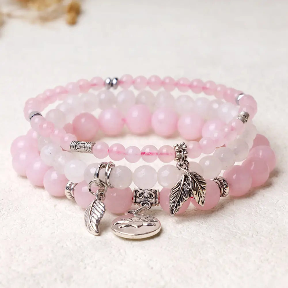 Buddha Stones 3PCS Natural Quartz Crystal Beaded Healing Energy Lotus Bracelet - BWOOOH - Pink Crystal - Bracelet