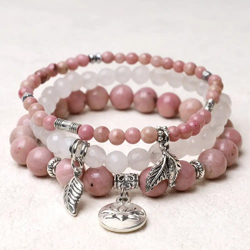 Buddha Stones 3PCS Natural Quartz Crystal Beaded Healing Energy Lotus Bracelet - BWOOOH - Rose Quartz - Bracelet