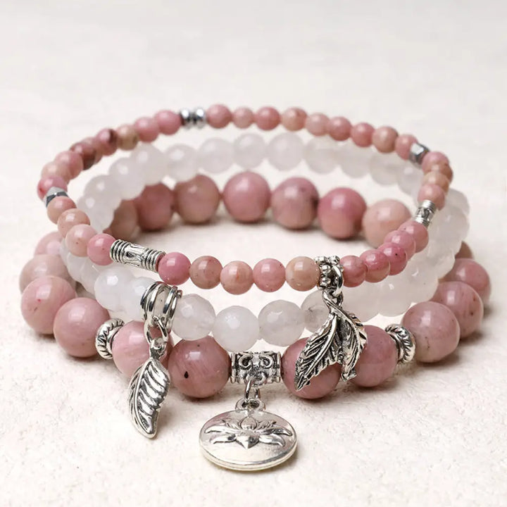 Buddha Stones 3PCS Natural Quartz Crystal Beaded Healing Energy Lotus Bracelet - BWOOOH - Rose Quartz - Bracelet