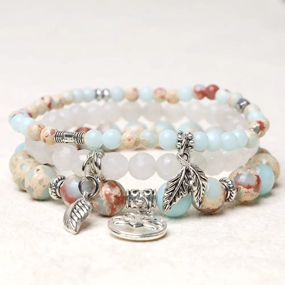 Buddha Stones 3PCS Natural Quartz Crystal Beaded Healing Energy Lotus Bracelet - BWOOOH - Sea Sediment Jasper - Bracelet