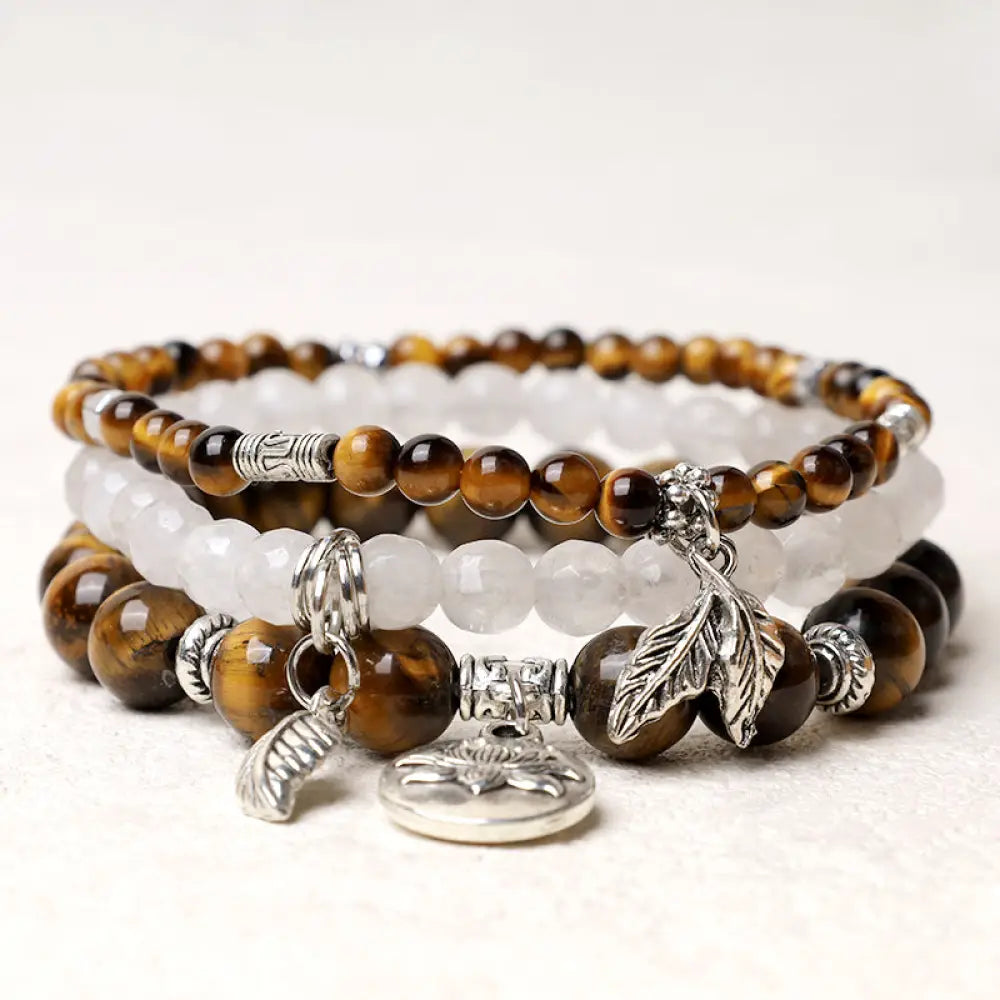 Buddha Stones 3PCS Natural Quartz Crystal Beaded Healing Energy Lotus Bracelet - BWOOOH - Tiger Eye - Bracelet