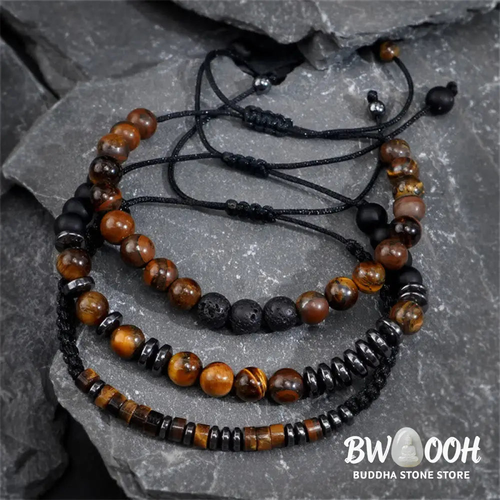 Buddha Stones 3Pcs Tiger Eye Lava Rock Protection Bracelet Set - BWOOOH - 3Pcs Tiger Eye Set(Wrist Circumference: