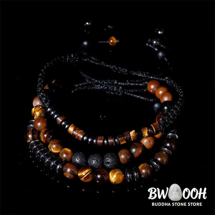 Buddha Stones 3Pcs Tiger Eye Lava Rock Protection Bracelet Set - BWOOOH - 3Pcs Tiger Eye Set(Wrist Circumference: