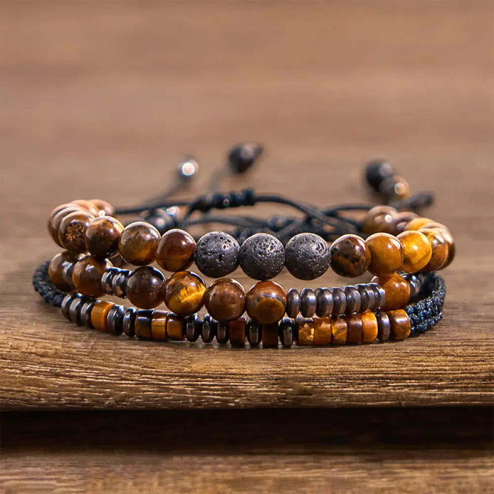 BWOOOH 3Pcs Tiger Eye Lava Rock Protection Bracelet Set — Tiger Eye crystal healing bracelet for spiritual healing and min...