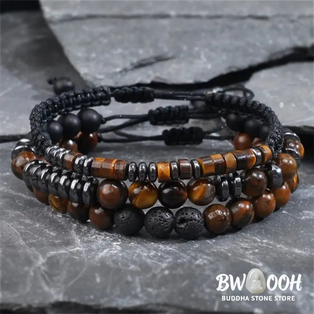 Buddha Stones 3Pcs Tiger Eye Lava Rock Protection Bracelet Set - BWOOOH - 3Pcs Tiger Eye Set(Wrist Circumference: