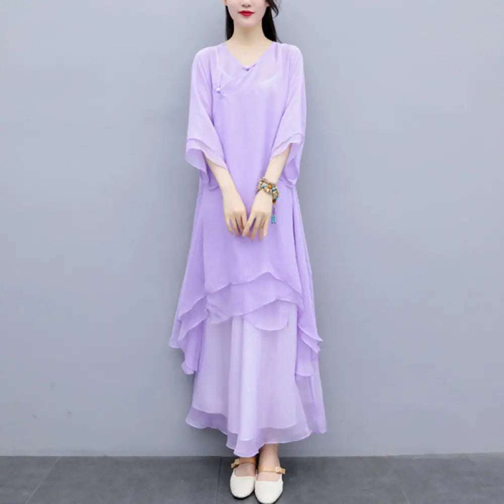 Buddha Stones 3Pcs Yoga Chiffon Clothing Uniform Meditation Zen Practice Women’s Set - Purple Top&amp;Purple
