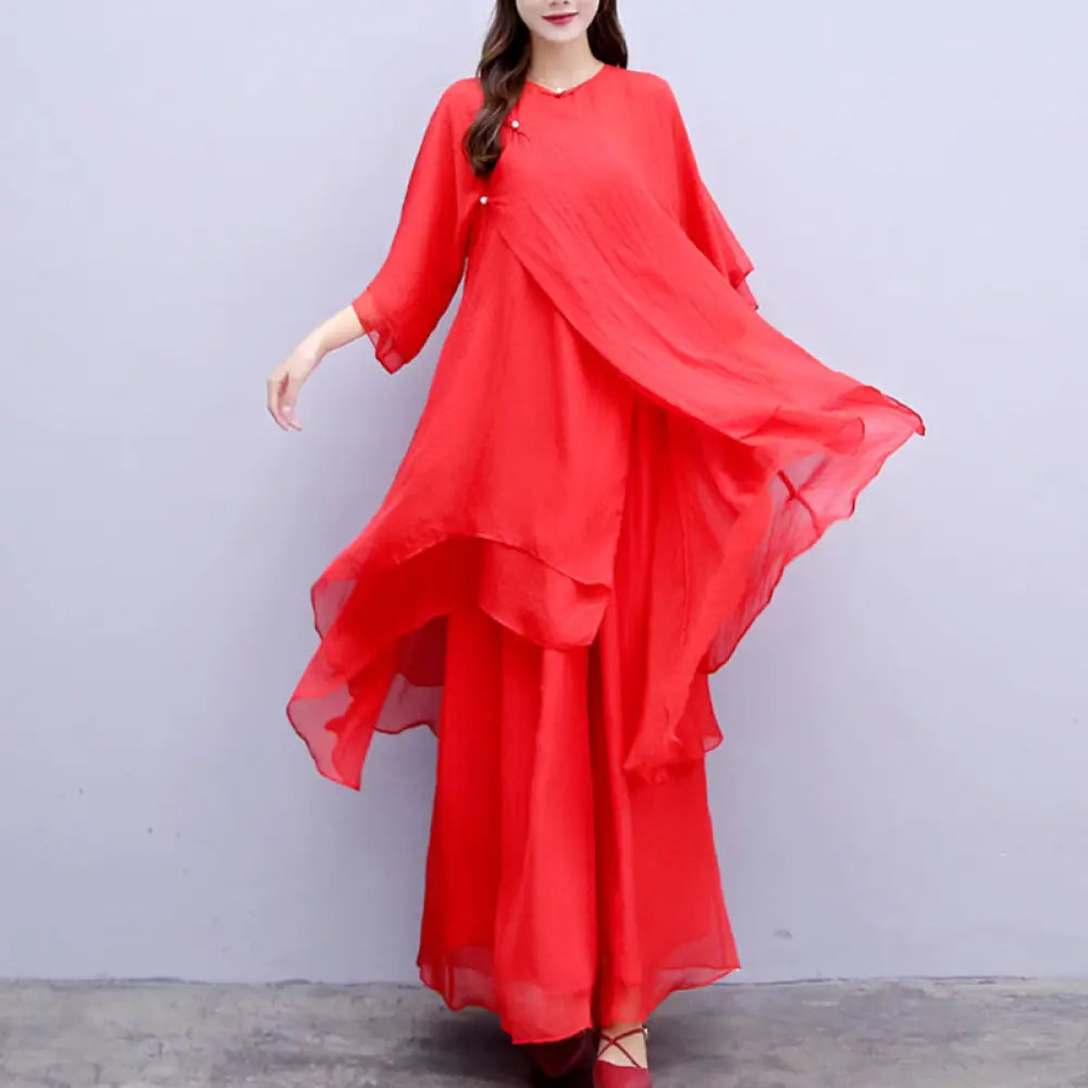 Buddha Stones 3Pcs Yoga Chiffon Clothing Uniform Meditation Zen Practice Women’s Set - Red Suit(Top + Pants