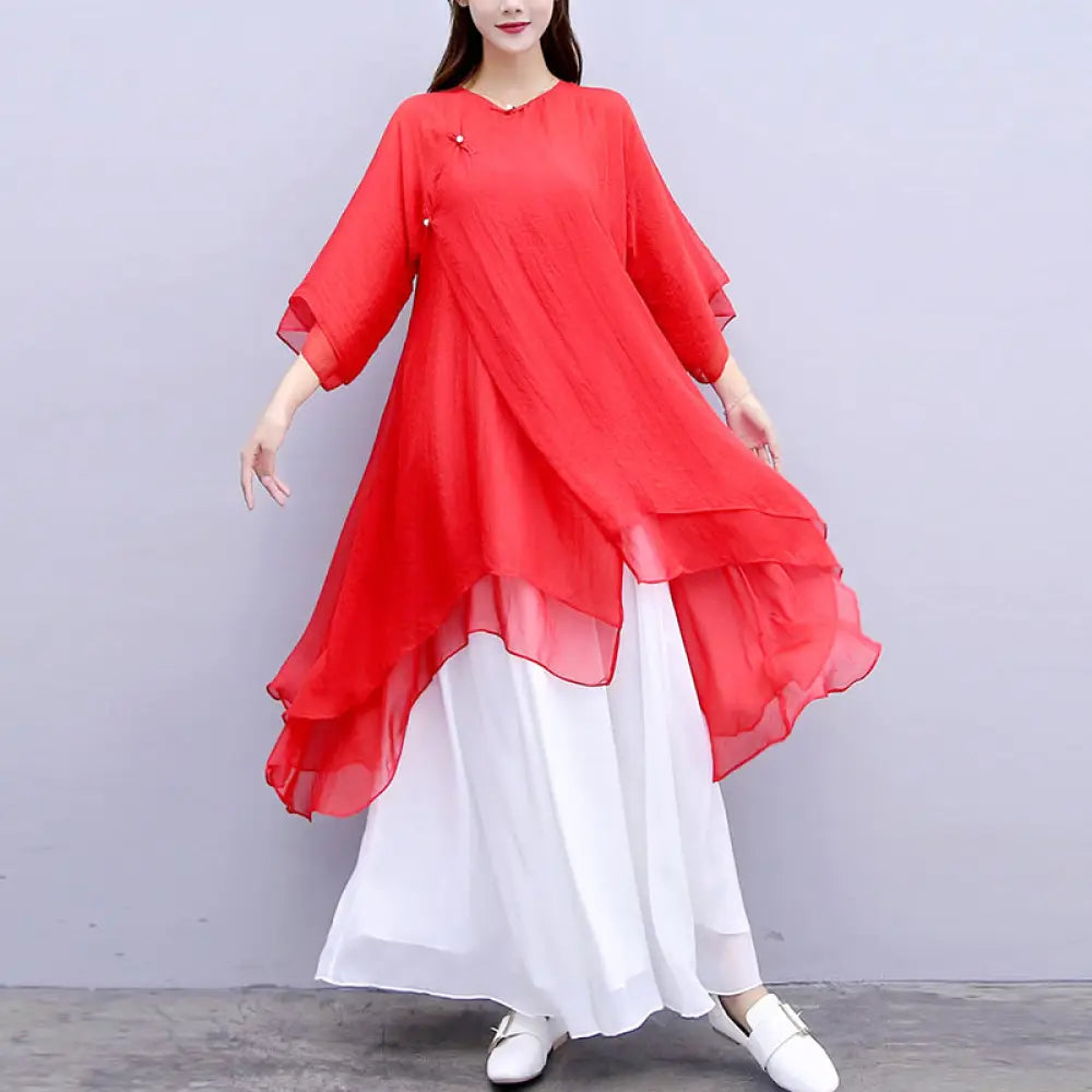 Buddha Stones 3Pcs Yoga Chiffon Clothing Uniform Meditation Zen Practice Women’s Set - Red Top&amp;White Pants&amp;Suspenders
