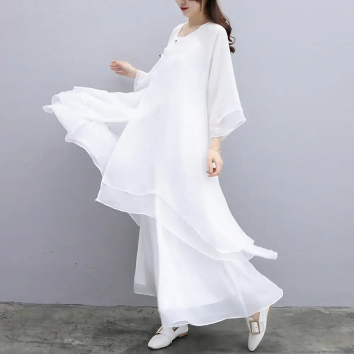Buddha Stones 3Pcs Yoga Chiffon Clothing Uniform Meditation Zen Practice Women’s Set - White Suit(Top + Pants