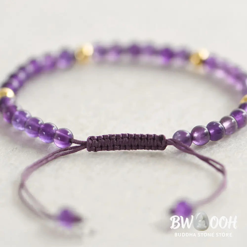 Buddha Stones 4mm Handmade Natural Amethyst 14k Gold Plated Copper Beads Braided String Relieves Stress Bracelet