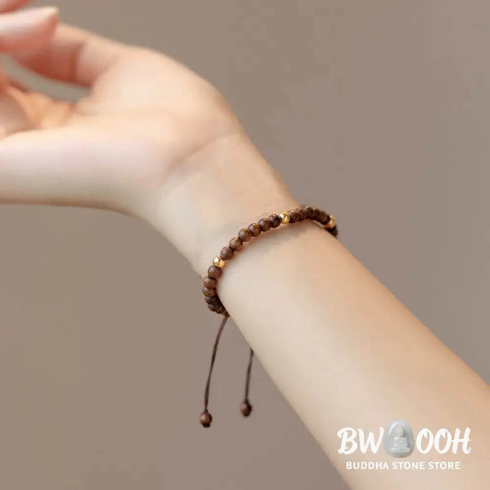 Buddha Stones 4mm Ultra-thin Sandalwood 14K Gold Plated Copper Beads Protection Bracelet - BWOOOH - 4mm