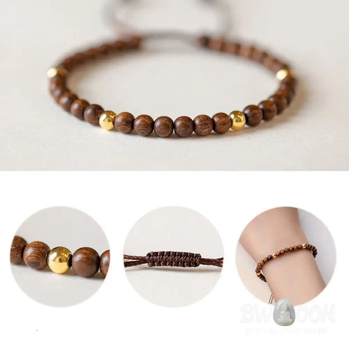 Buddha Stones 4mm Ultra-thin Sandalwood 14K Gold Plated Copper Beads Protection Bracelet - BWOOOH - 4mm