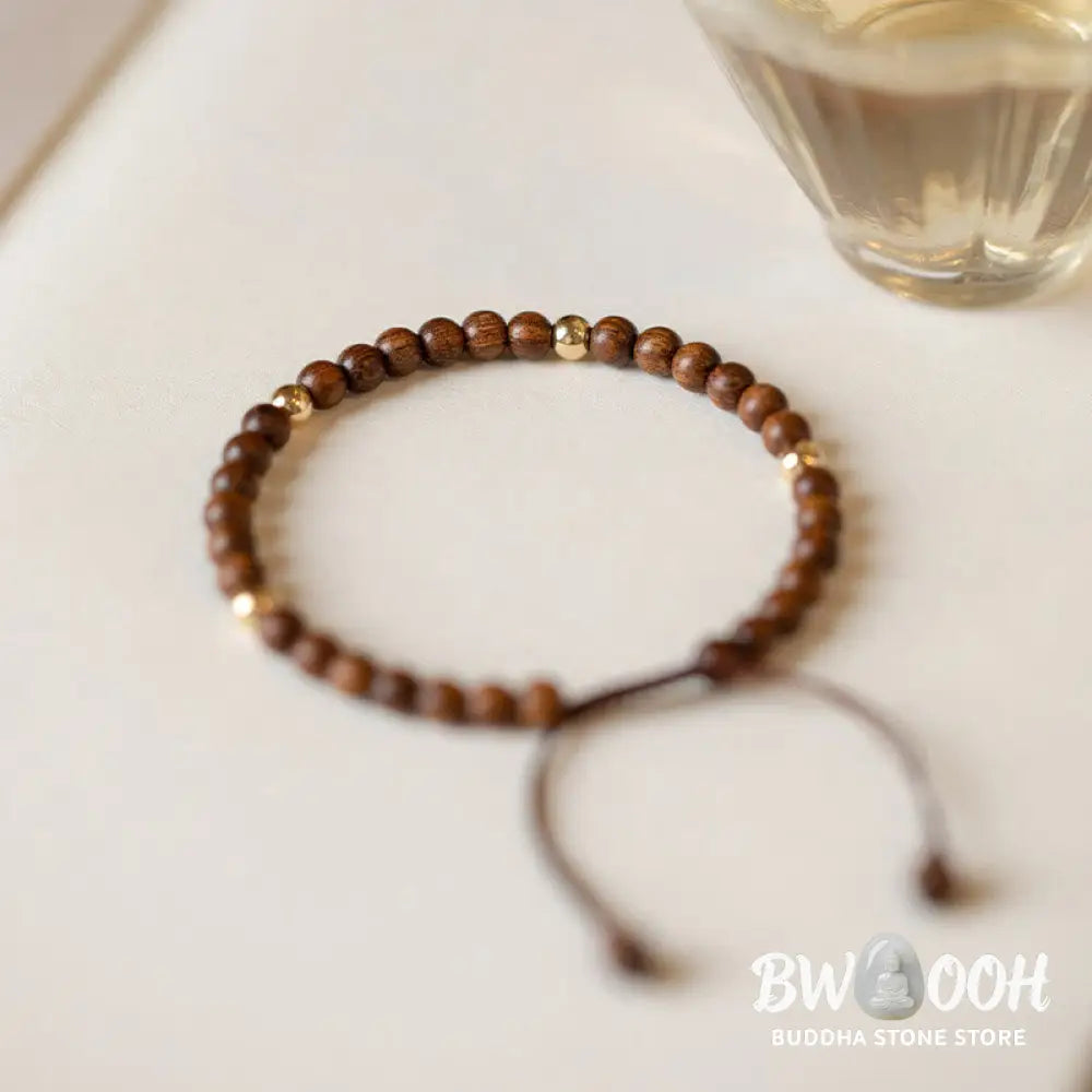 Buddha Stones 4mm Ultra-thin Sandalwood 14K Gold Plated Copper Beads Protection Bracelet - BWOOOH - 4mm