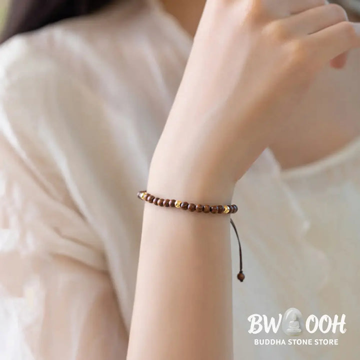 Buddha Stones 4mm Ultra-thin Sandalwood 14K Gold Plated Copper Beads Protection Bracelet - BWOOOH - 4mm
