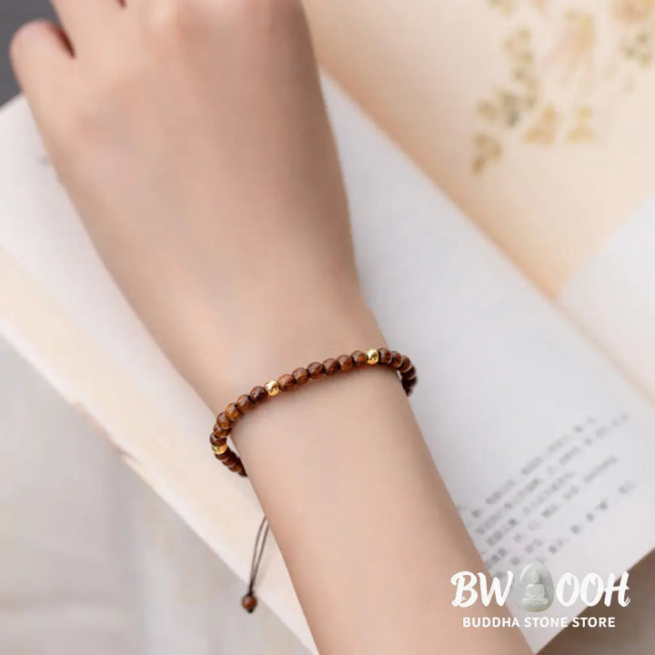 Buddha Stones 4mm Ultra-thin Sandalwood 14K Gold Plated Copper Beads Protection Bracelet - BWOOOH - 4mm