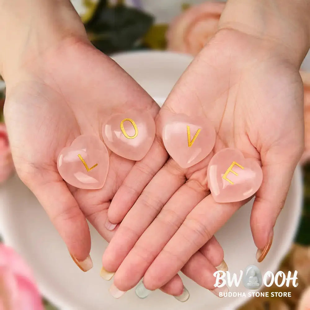 Buddha Stones 4Pcs Love &amp; Comfort Heart Pattern Natural Rose Quartz Healing Crystal Stone Decor - 4Pcs Rose Quartz