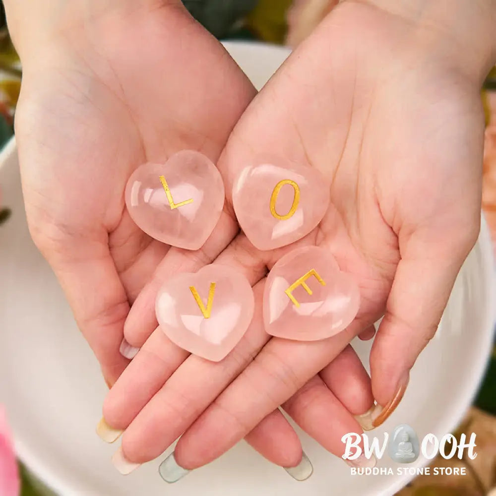 Buddha Stones 4Pcs Love &amp; Comfort Heart Pattern Natural Rose Quartz Healing Crystal Stone Decor - 4Pcs Rose Quartz