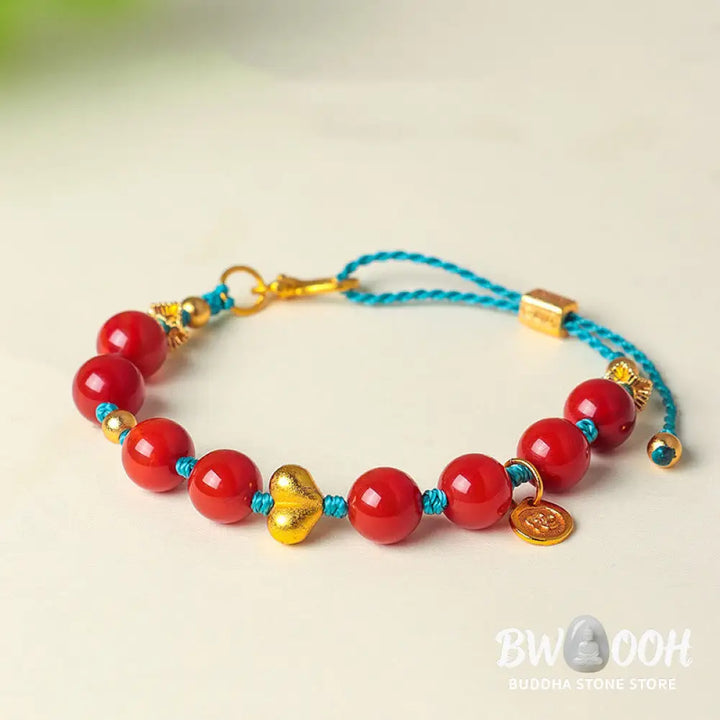 Buddha Stones 8mm South Red Agate Beads Heart Braided String Success Bracelet - South Red Agate(Wrist Circumference: