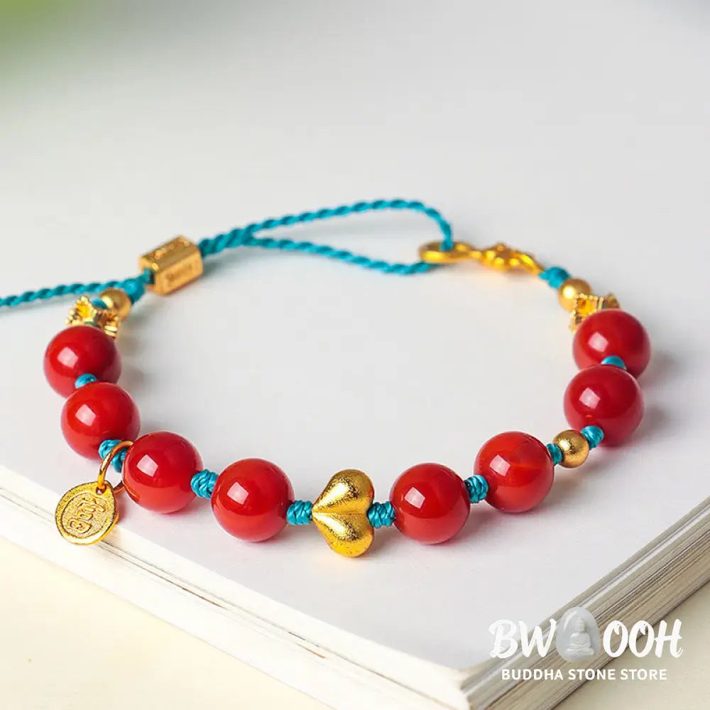 Buddha Stones 8mm South Red Agate Beads Heart Braided String Success Bracelet - South Red Agate(Wrist Circumference:
