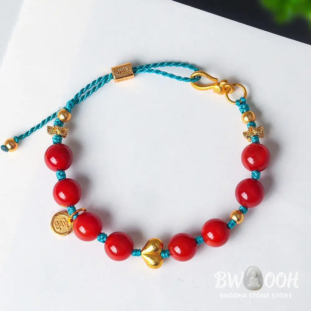 Buddha Stones 8mm South Red Agate Beads Heart Braided String Success Bracelet - South Red Agate(Wrist Circumference: