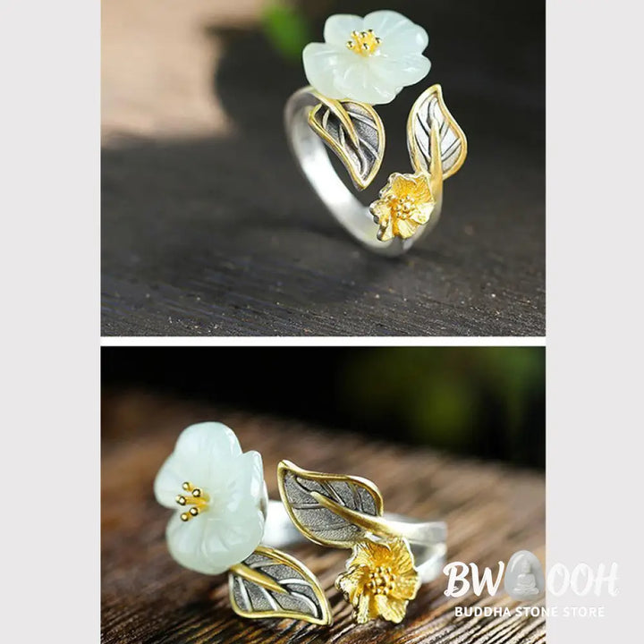 Buddha Stones 925 Silver Plated Copper White Jade Plum Flower Leaf Luck Ring - BWOOOH - White Jade&amp;925 Silver Plated