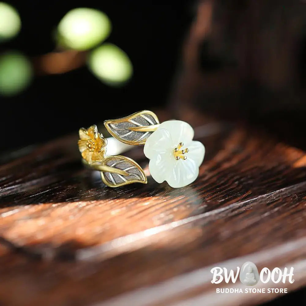 Buddha Stones 925 Silver Plated Copper White Jade Plum Flower Leaf Luck Ring - BWOOOH - White Jade&amp;925 Silver Plated