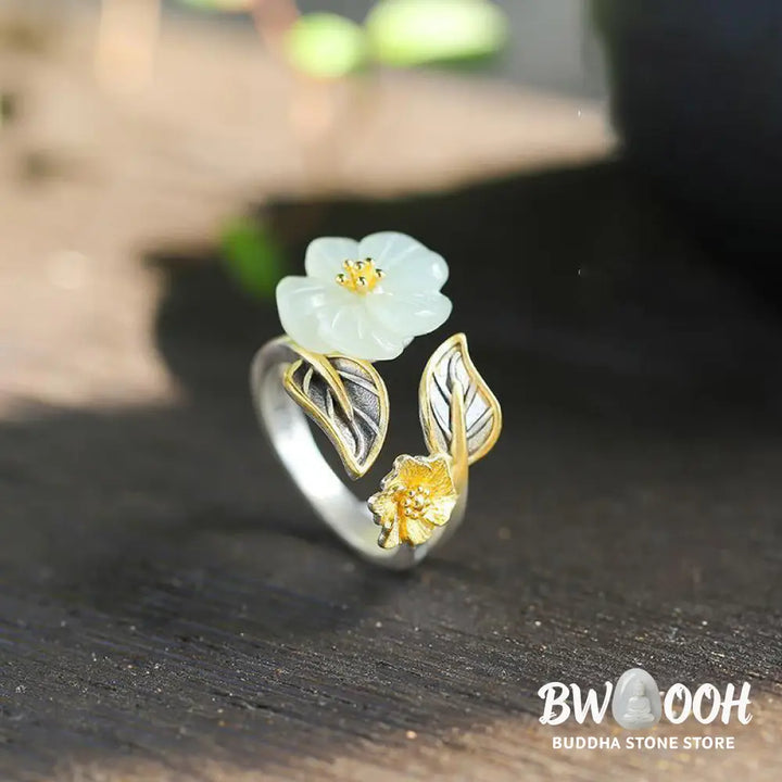 Buddha Stones 925 Silver Plated Copper White Jade Plum Flower Leaf Luck Ring - BWOOOH - White Jade&amp;925 Silver Plated