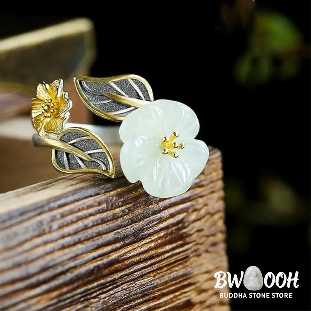 Buddha Stones 925 Silver Plated Copper White Jade Plum Flower Leaf Luck Ring - BWOOOH - White Jade&925 Silver Plated