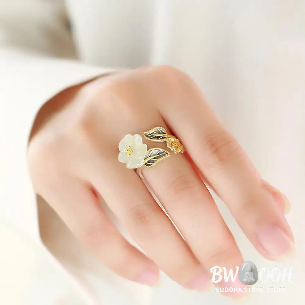 Buddha Stones 925 Silver Plated Copper White Jade Plum Flower Leaf Luck Ring - BWOOOH - White Jade&amp;925 Silver Plated