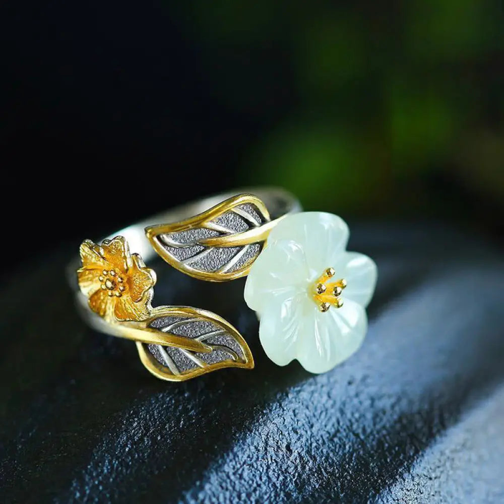 BWOOOH 925 Silver Plated Copper White Jade Plum Flower Leaf Luck Ring — Copper spiritual jewelry for spiritual healing and...