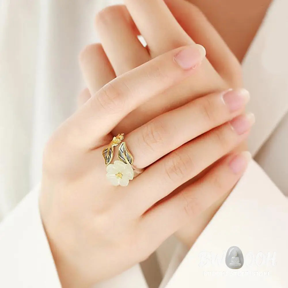 Buddha Stones 925 Silver Plated Copper White Jade Plum Flower Leaf Luck Ring - BWOOOH - White Jade&amp;925 Silver Plated