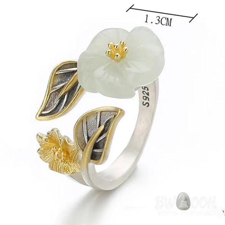 Buddha Stones 925 Silver Plated Copper White Jade Plum Flower Leaf Luck Ring - BWOOOH - White Jade&amp;925 Silver Plated