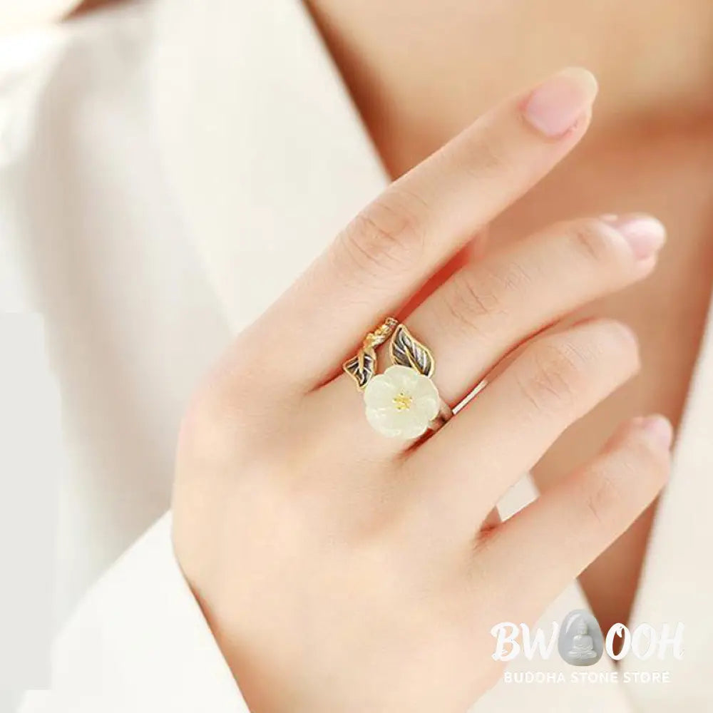 Buddha Stones 925 Silver Plated Copper White Jade Plum Flower Leaf Luck Ring - BWOOOH - White Jade&amp;925 Silver Plated