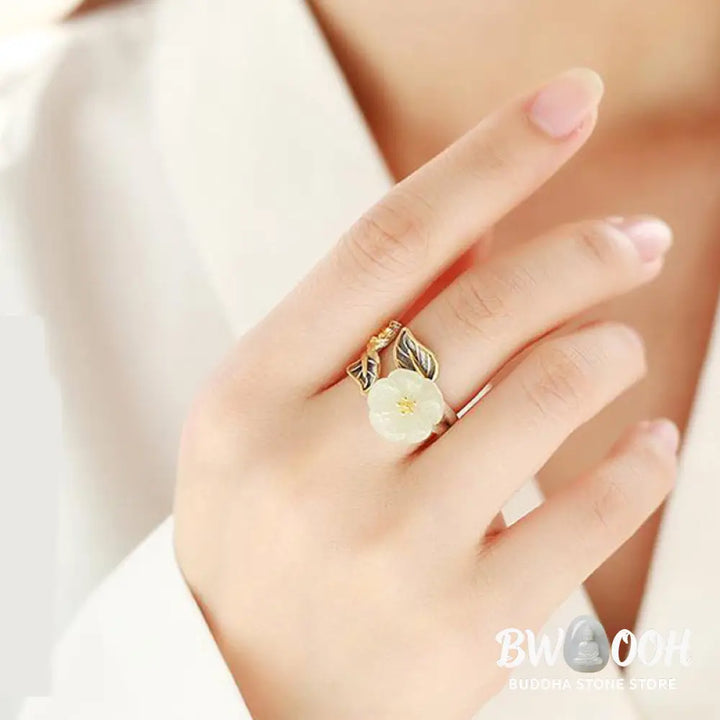 Buddha Stones 925 Silver Plated Copper White Jade Plum Flower Leaf Luck Ring - BWOOOH - White Jade&amp;925 Silver Plated