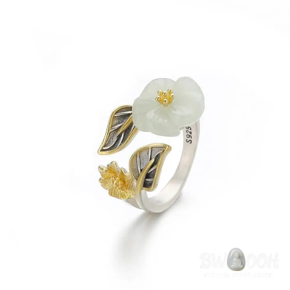 Buddha Stones 925 Silver Plated Copper White Jade Plum Flower Leaf Luck Ring - BWOOOH - White Jade&amp;925 Silver Plated