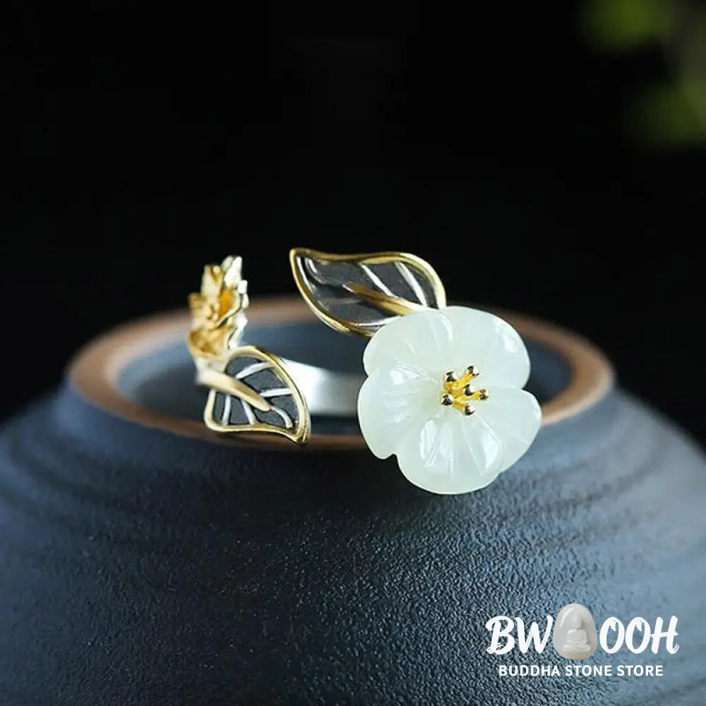 Buddha Stones 925 Silver Plated Copper White Jade Plum Flower Leaf Luck Ring - BWOOOH - White Jade&amp;925 Silver Plated