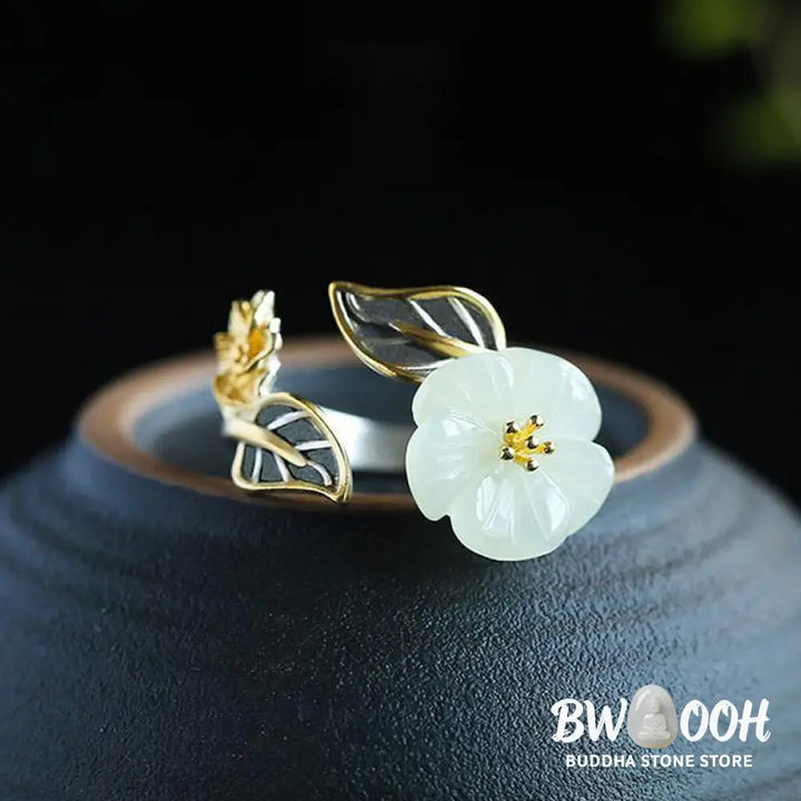 Buddha Stones 925 Silver Plated Copper White Jade Plum Flower Leaf Luck Ring - BWOOOH - White Jade&amp;925 Silver Plated