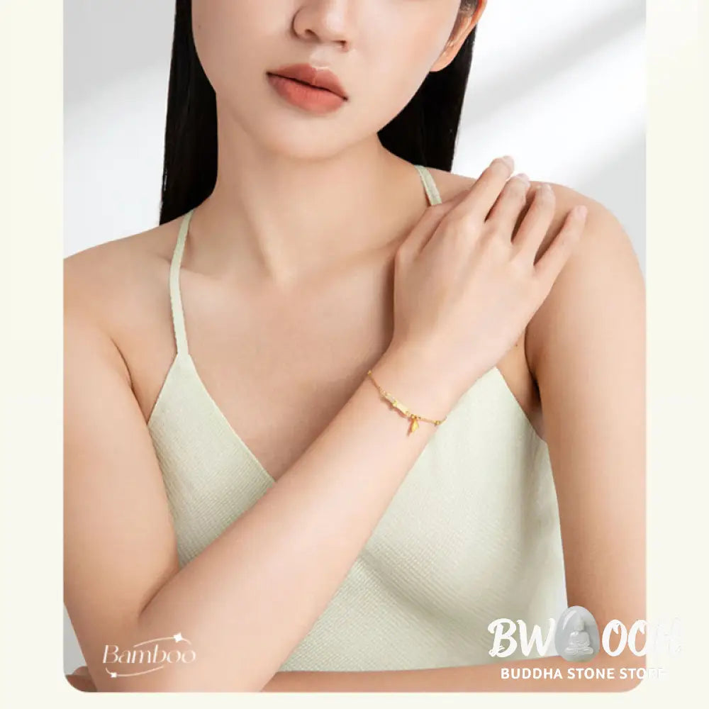 Buddha Stones 925 Sterling Silver 18K Gold Plated White Jade Bamboo Zircon Leaf Luck Bracelet - BWOOOH - White
