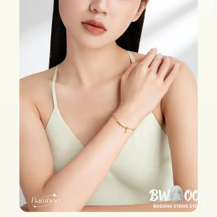 Buddha Stones 925 Sterling Silver 18K Gold Plated White Jade Bamboo Zircon Leaf Luck Bracelet - BWOOOH - White