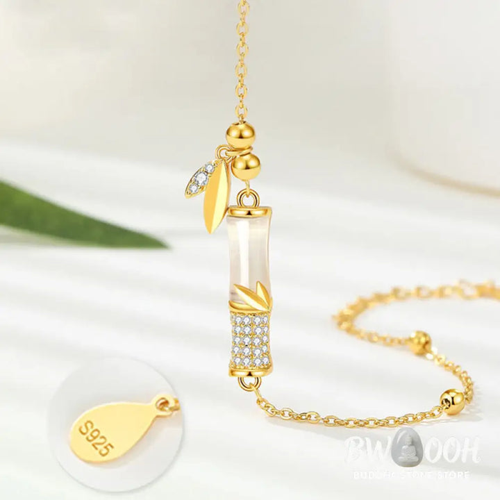 Buddha Stones 925 Sterling Silver 18K Gold Plated White Jade Bamboo Zircon Leaf Luck Bracelet - BWOOOH - White