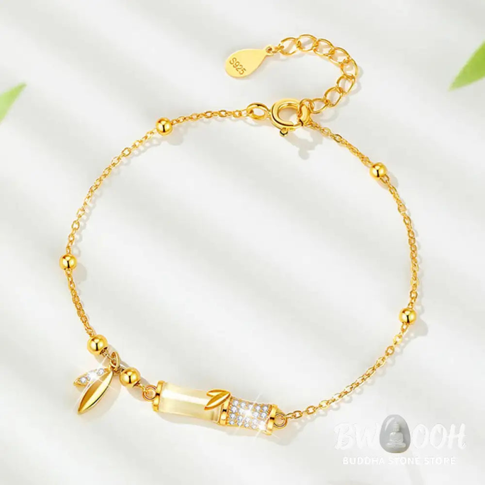 Buddha Stones 925 Sterling Silver 18K Gold Plated White Jade Bamboo Zircon Leaf Luck Bracelet - BWOOOH - White