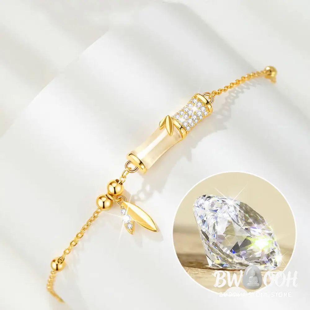 Buddha Stones 925 Sterling Silver 18K Gold Plated White Jade Bamboo Zircon Leaf Luck Bracelet - BWOOOH - White